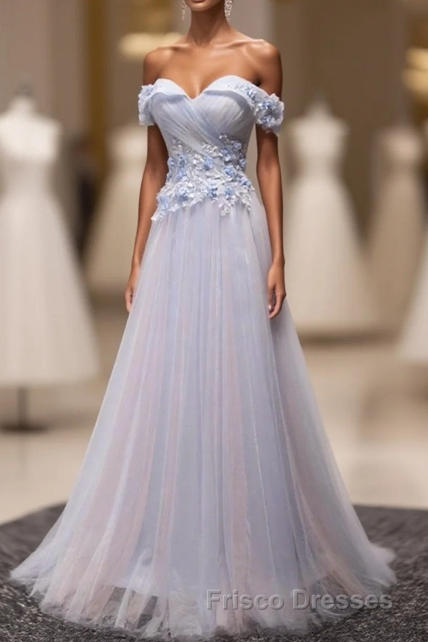 Light Blue Tulle Lace Long Formal Prom Dress, Lace Evening Dress Main image
