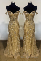 Fuchsia Off-Shoulder Sequined Floral Mermaid Long Formal Prom Dress with Slit