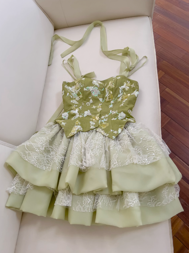 Olive Green A-Line Mesh Lace Sequined Short Prom Dress Homecoming Dress