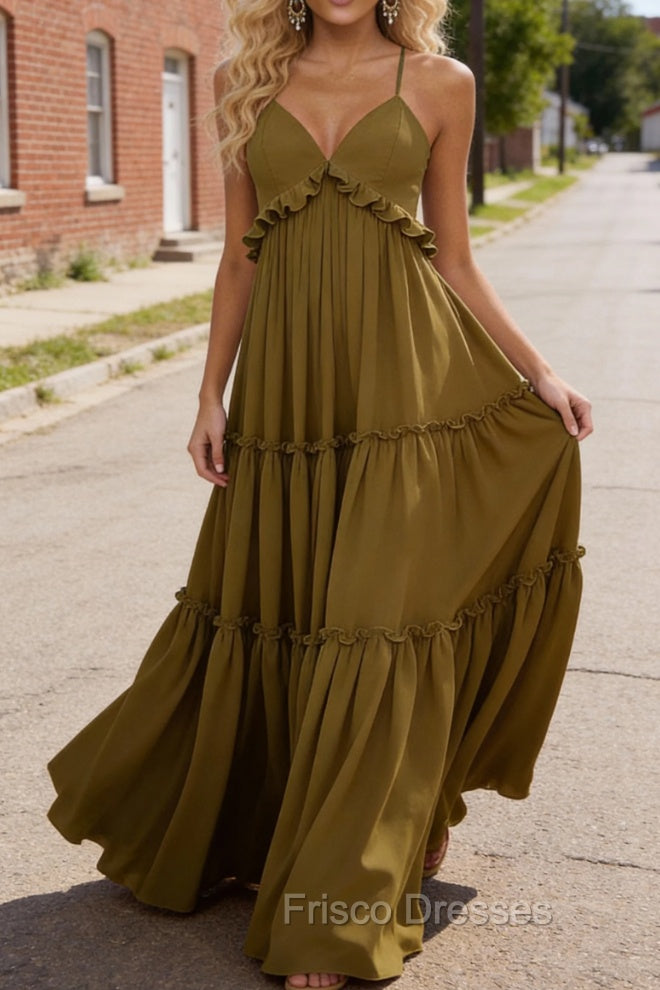 Olive Green A-line V Neck Sleeveless Floor-Length Chiffon Prom Dress Long Prom Dresses Backless with Pleated Ruffles Secondary image