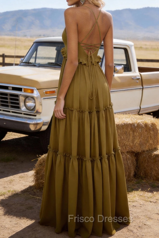 Olive Green A-line V Neck Sleeveless Floor-Length Chiffon Prom Dress Long Prom Dresses Backless with Pleated Ruffles