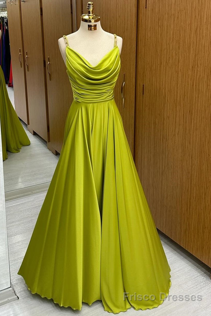 Olive Green Cowl Neck Chain Strap A-Line Long Prom Dress Main image