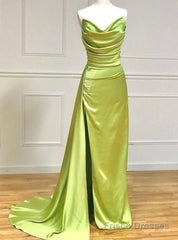 Olive Green Mermaid Satin Strapless Pleats Prom Dress