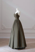 Olive Green Spaghetti Strap Satin Long Formal Prom Dress, A-Line V Neck Party Dress