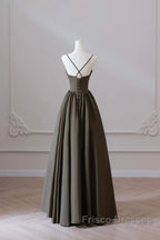 Olive Green Spaghetti Strap Satin Long Formal Prom Dress, A-Line V Neck Party Dress
