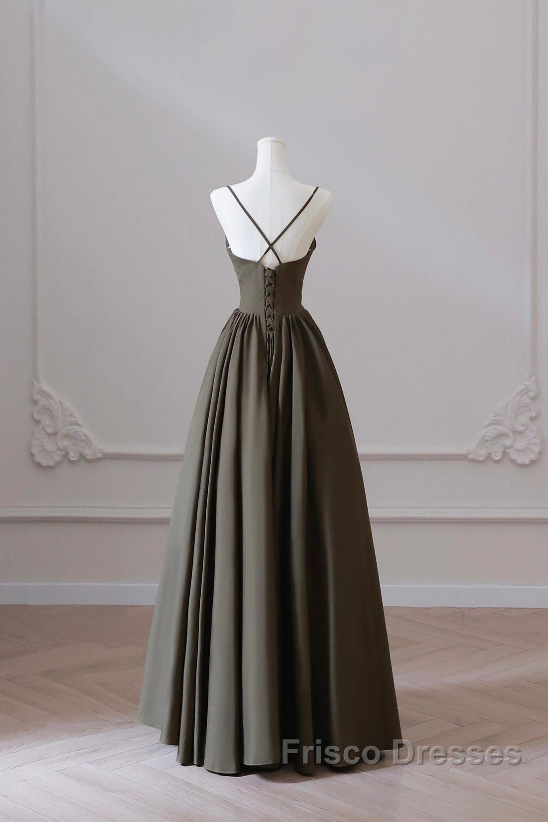 Olive Green Spaghetti Strap Satin Long Formal Prom Dress, A-Line V Neck Party Dress