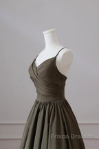Olive Green Spaghetti Strap Satin Long Formal Prom Dress, A-Line V Neck Party Dress