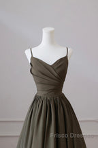 Olive Green Spaghetti Strap Satin Long Formal Prom Dress, A-Line V Neck Party Dress