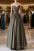 Olive Green Spaghetti Strap Satin Long Formal Prom Dress, A-Line V Neck Party Dress
