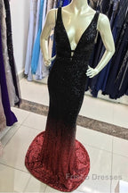 Ombre Mermaid V-Neck Court Train Formal Prom Sequins Dress