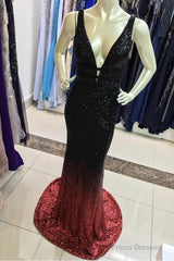 Ombre Mermaid V-Neck Court Train Prom Sequins Dresses