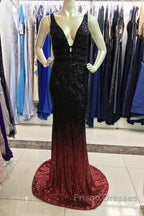 Ombre Mermaid V-Neck Court Train Formal Prom Sequins Dress