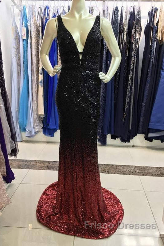 Ombre Mermaid V-Neck Court Train Formal Prom Sequins Dress