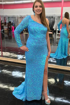 One Shouder Long Sleeves Sequins Mermaid Prom Dress with Slit