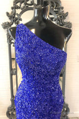One Shouder Royal Blue Prom Dresses Long Sequin Evening Dress