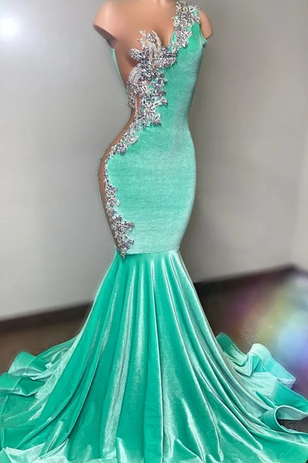 One Shoudler Mint Green Silver Velvet Floor Length Prom Dresses