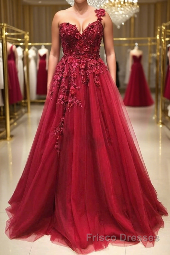 One Shoulder 3D Floral Burgundy Lace Long Formal Prom Dresses, Burgundy Lace Appliques Formal Graduation Evening Dresses Main image