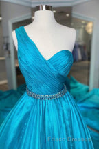 One Shoulder A Line Formal Prom Dress with Beading Waist