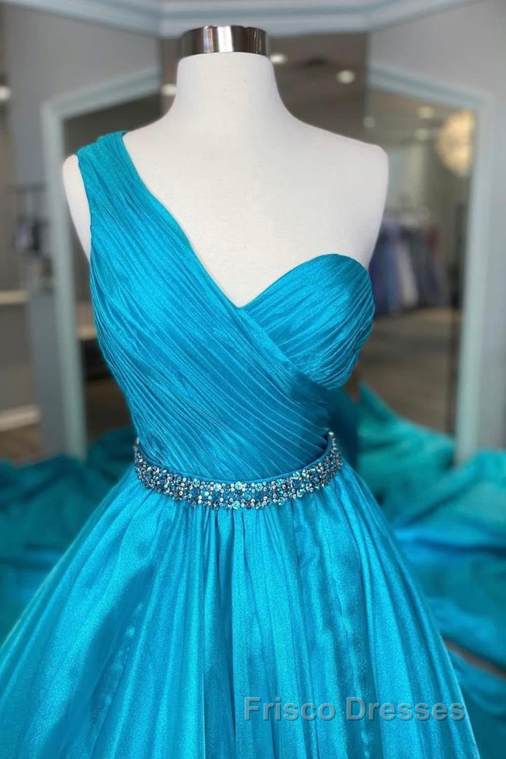 One Shoulder A Line Formal Prom Dress with Beading Waist