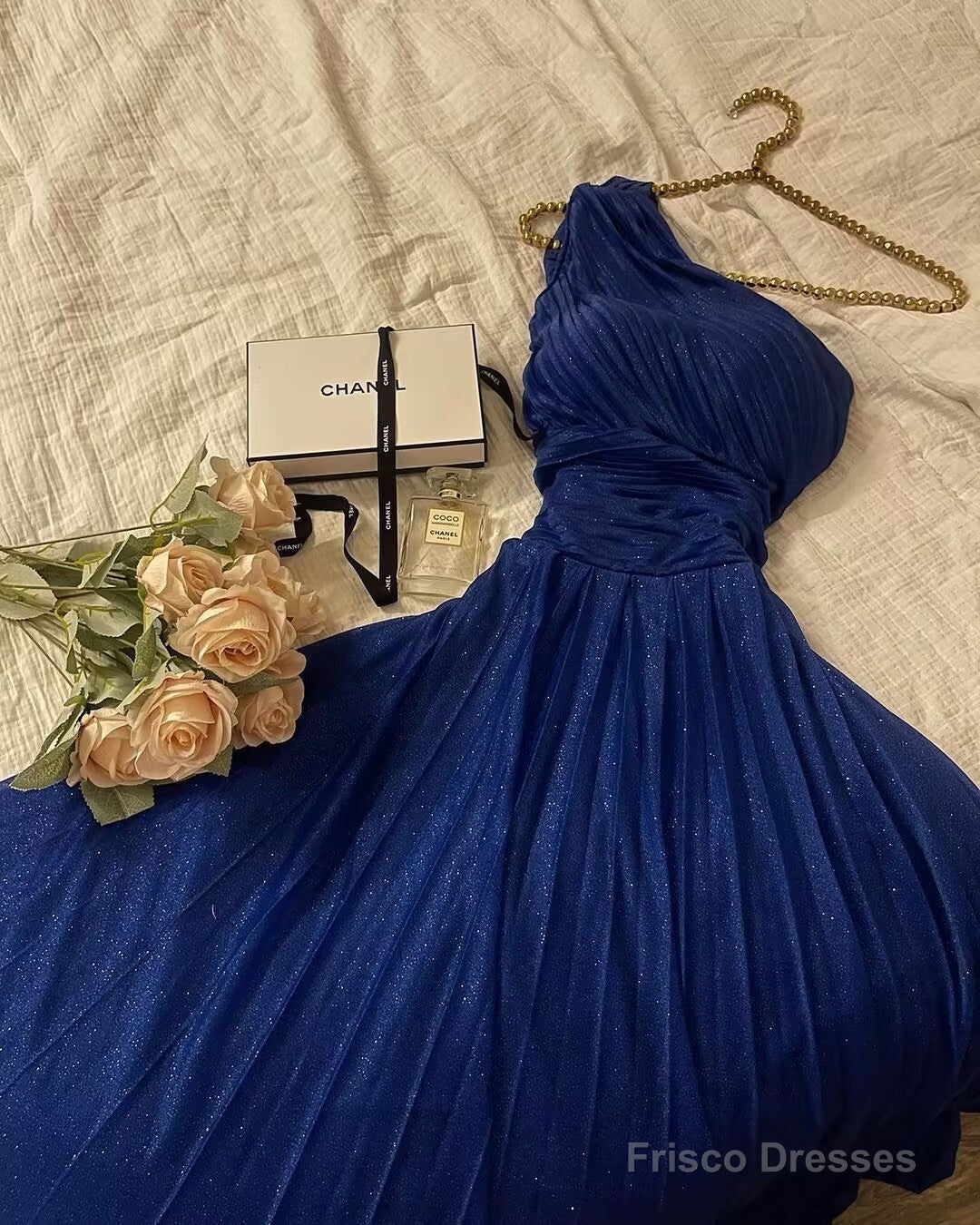 One Shoulder A Line Royal Blue Shiny Tulle Prom Dress Main image