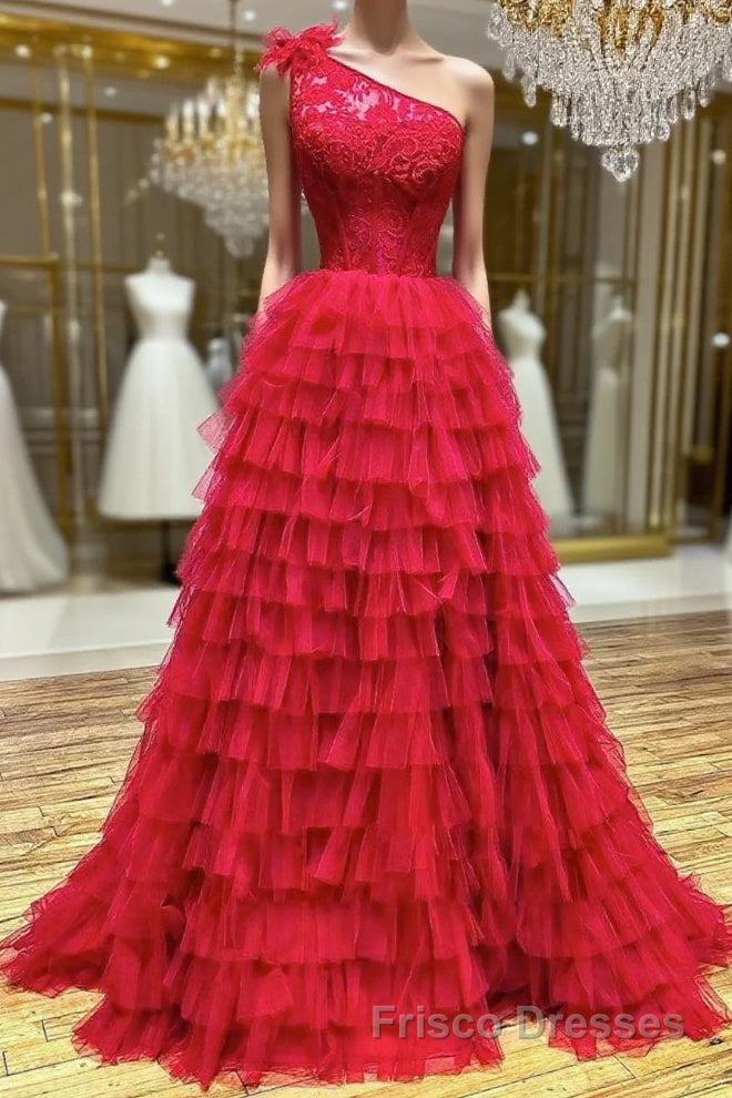 One Shoulder A-Line Tulle Burgundy Long Formal Prom Dresses, Burgundy Graduation Dresses Main image