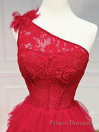 One Shoulder A-Line Tulle Burgundy Long Formal Prom Dresses, Burgundy Graduation Dresses