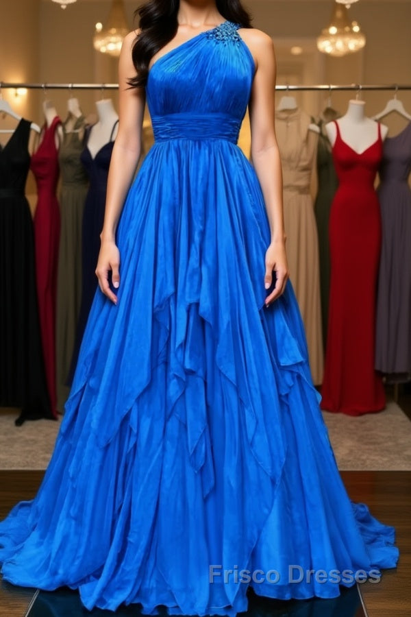 One Shoulder Backless Blue Chiffon Long Formal Prom Dresses, Beaded Blue Long Formal Evening Dresses Main image