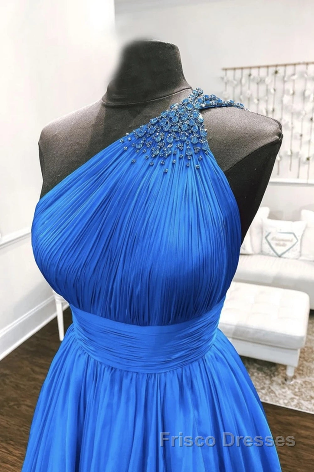 One Shoulder Backless Blue Chiffon Long Formal Prom Dresses, Beaded Blue Long Formal Evening Dresses