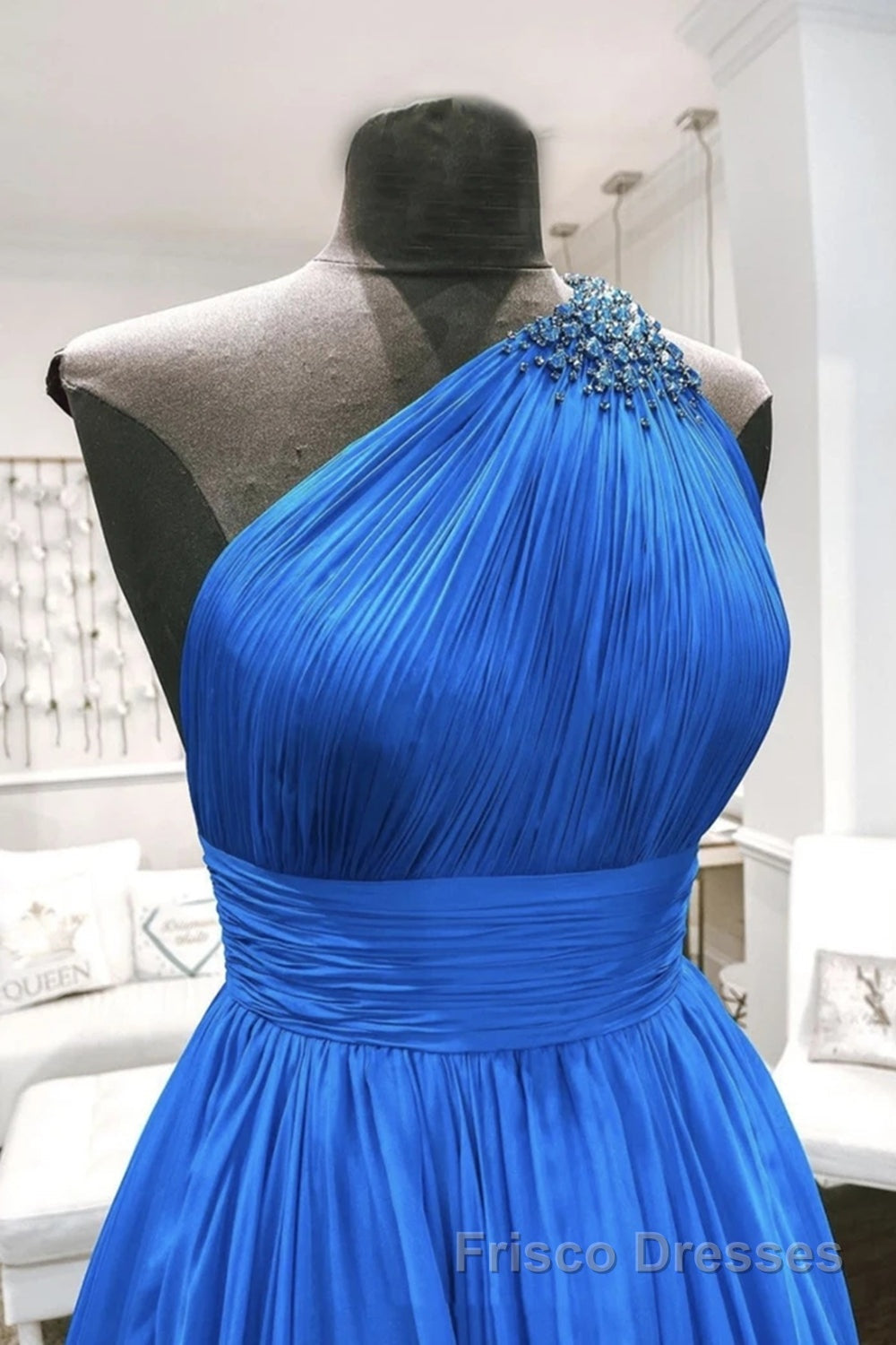 One Shoulder Backless Blue Chiffon Long Formal Prom Dresses, Beaded Blue Long Formal Evening Dresses