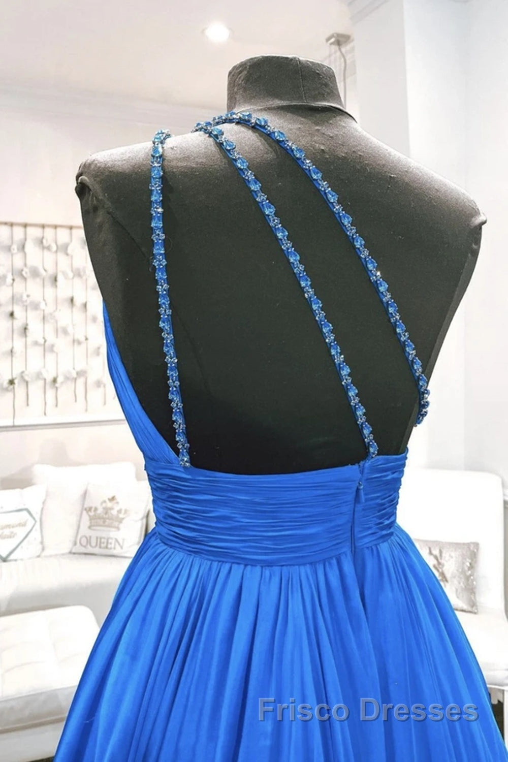 One Shoulder Backless Blue Chiffon Long Formal Prom Dresses, Beaded Blue Long Formal Evening Dresses
