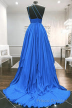 One Shoulder Backless Blue Chiffon Long Formal Prom Dresses, Beaded Blue Long Formal Evening Dresses