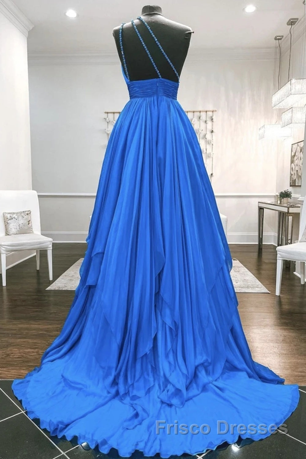 One Shoulder Backless Blue Chiffon Long Formal Prom Dresses, Beaded Blue Long Formal Evening Dresses