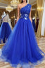 One Shoulder Backless Royal Blue Lace Long Formal Prom Dresses, Royal Blue Lace Formal Dresses, Backless Royal Blue Evening Dresses