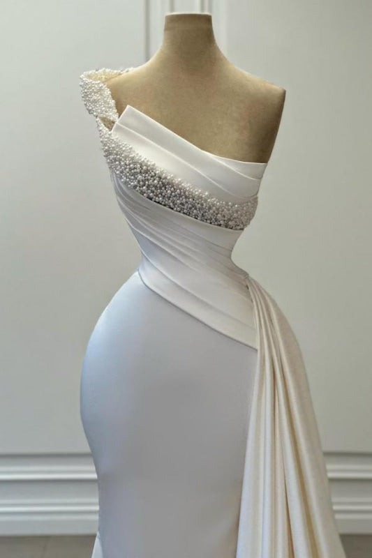 One-Shoulder Beaded Sleeveless Ruched Satin Wedding Dress