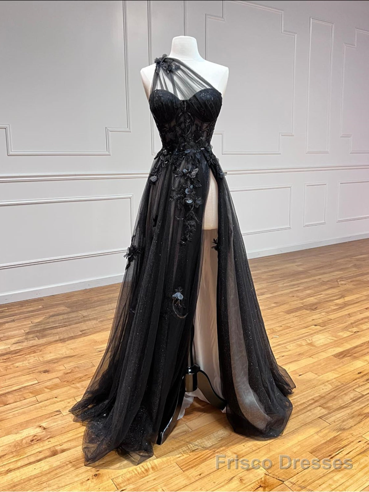 One Shoulder Black Lace Floral Long Prom Dresses, One Shoulder Black Lace Formal Evening Dresses Main image