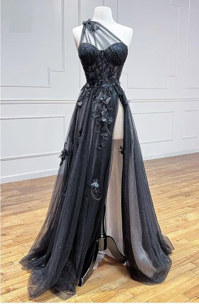 One Shoulder Black Lace Floral Long Prom Dresses With High Slit 21Th Birthday Outfits