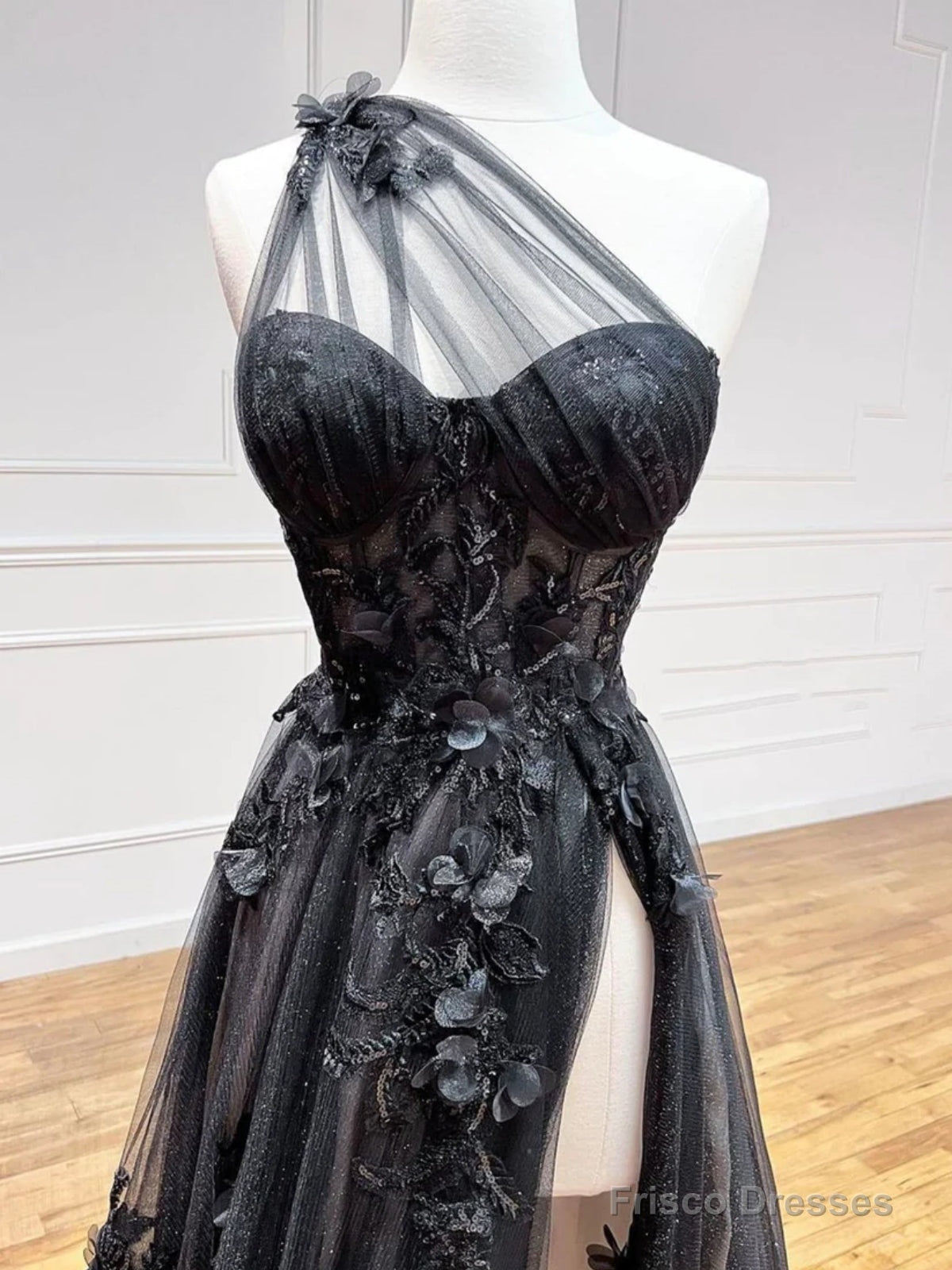 One Shoulder Black Lace Floral Long Prom Dresses With High Slit, Black Formal Graduation Evening Dresses With 3D Flowers Secondary image