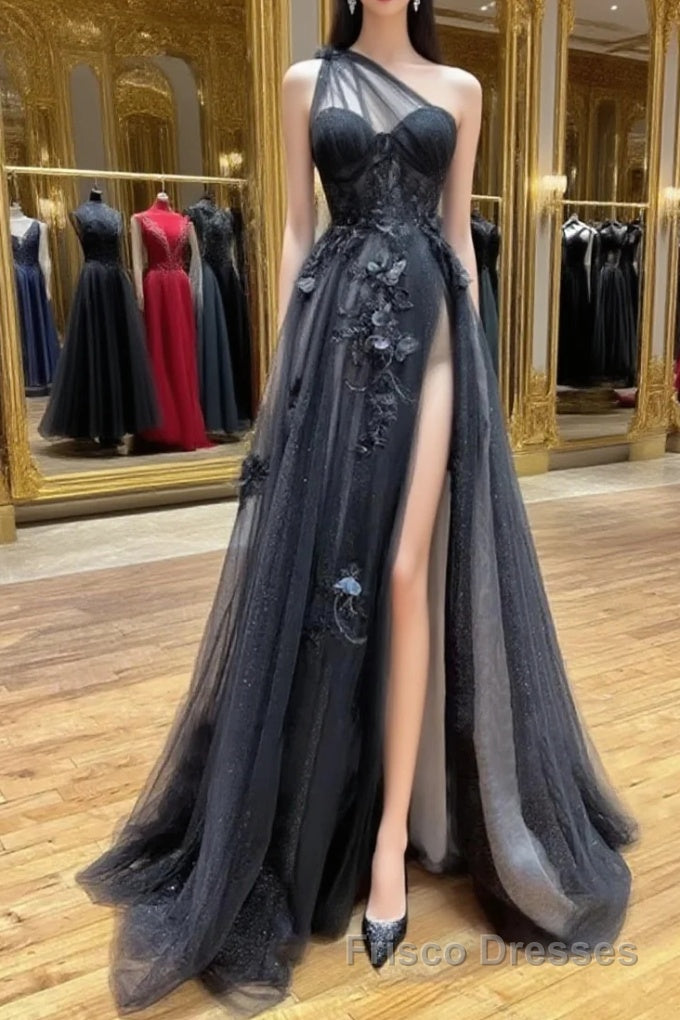 One Shoulder Black Lace Formal Prom Dresses, One Shoulder Black Lace Formal Evening Dresses Main image