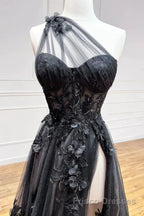 One Shoulder Black Lace Formal Prom Dresses, One Shoulder Black Lace Formal Evening Dresses