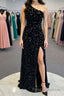 One Shoulder Black Sequins Mermaid Long Formal Prom Dresses, Black Sequins Mermaid Long Formal Prom Dresses