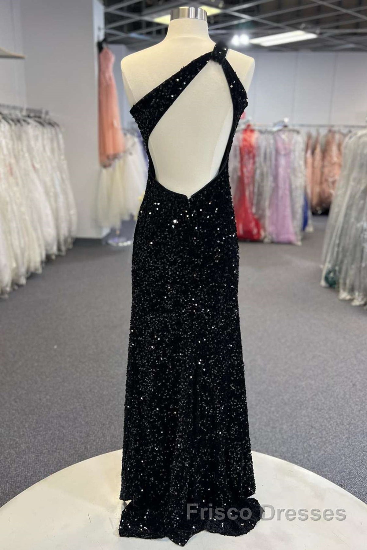 One Shoulder Black Sequins Mermaid Long Formal Prom Dresses, Black Sequins Mermaid Long Formal Prom Dresses