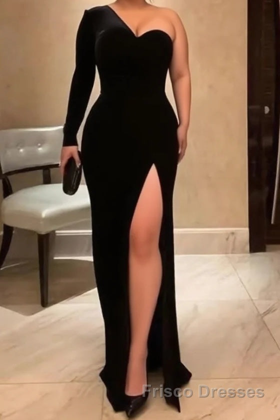 One Shoulder Black Velvet Long Formal Prom Dresses, Black One Shoulder Velvet Formal Evening Dresses Main image