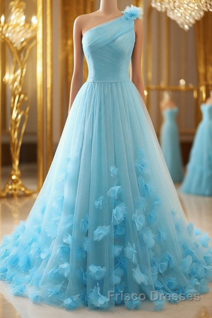 One Shoulder Blue 3D Flowers Long Formal Prom Dresses, Blue Floral Formal Evening Dresses