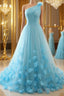 One Shoulder Blue 3D Flowers Long Formal Prom Dresses, Blue Floral Formal Evening Dresses