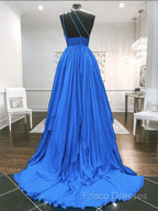 One Shoulder Blue Backless Long Formal Prom Dress, Open Back Blue Long Formal Dress
