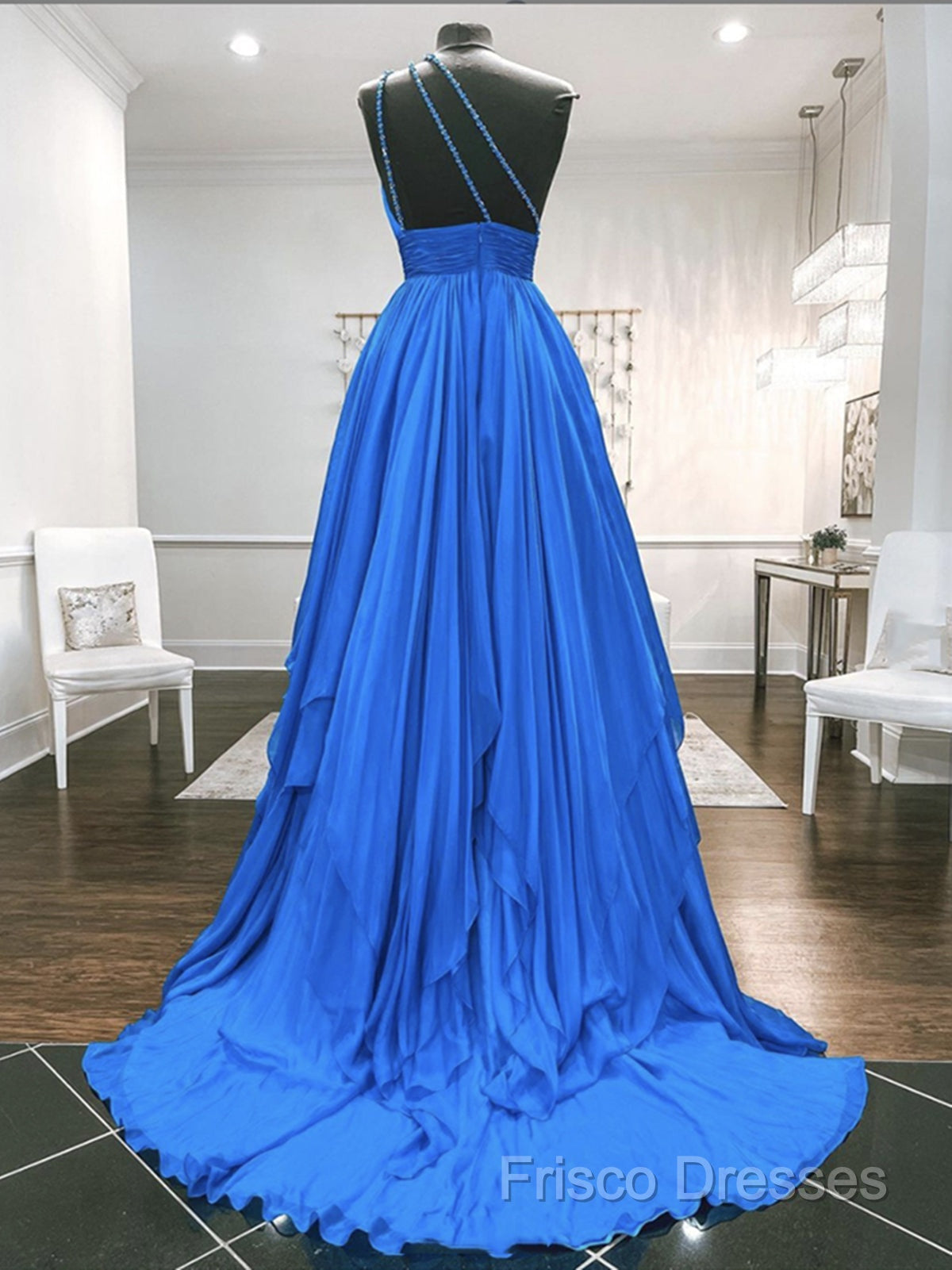 One Shoulder Blue Backless Long Formal Prom Dress, Open Back Blue Long Formal Dress