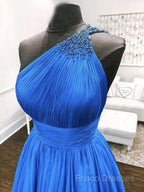 One Shoulder Blue Backless Long Formal Prom Dress, Open Back Blue Long Formal Dress