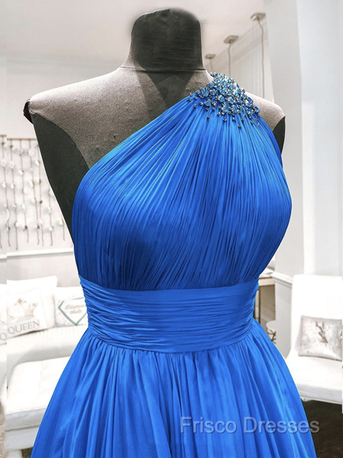 One Shoulder Blue Backless Long Formal Prom Dress, Open Back Blue Long Formal Dress