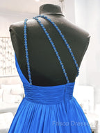 One Shoulder Blue Backless Long Formal Prom Dress, Open Back Blue Long Formal Dress
