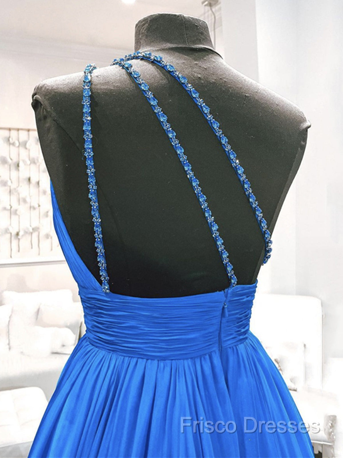 One Shoulder Blue Backless Long Formal Prom Dress, Open Back Blue Long Formal Dress